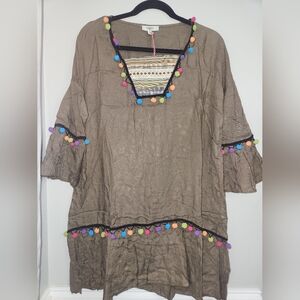 Hayden Taupe Tunic with Vibrant Pom Pom Trim